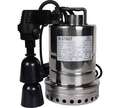 Насос дренажный STOUT с вертикальным поплавком, кабель 10 м, 230V, Q=150 л/мин, H=8 м