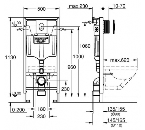 Инсталляция для унитаза GROHE Rapid SL 38721001, 3 в 1 с панелью смыва
