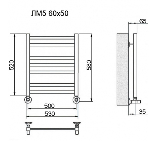 Полотенцесушитель Ника ЛМ-5 60/50 RAL9005 черный матовый с вентилями (комплект люкс)(-)